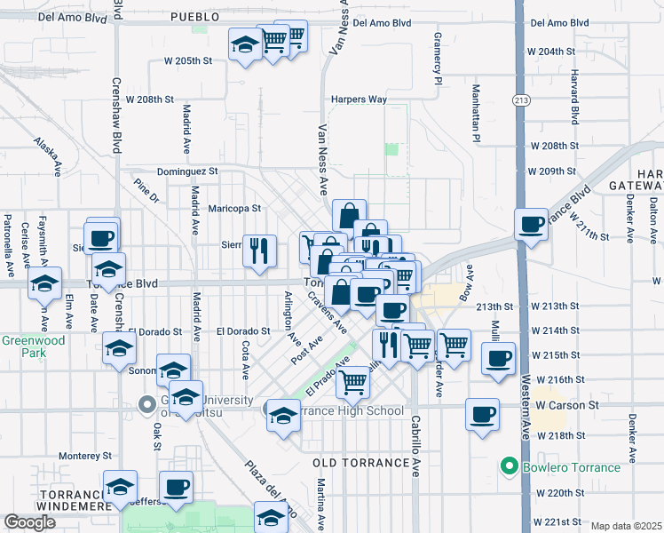 map of restaurants, bars, coffee shops, grocery stores, and more near 923 Sartori Avenue in Torrance