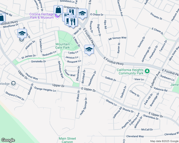 map of restaurants, bars, coffee shops, grocery stores, and more near 145 Paperbirch Circle in Corona