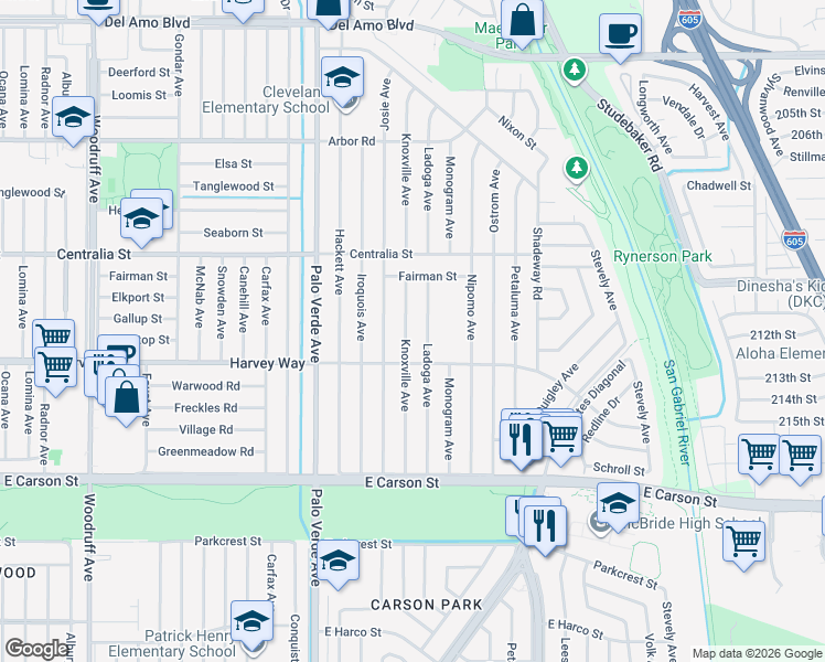 map of restaurants, bars, coffee shops, grocery stores, and more near 4334 Knoxville Avenue in Lakewood