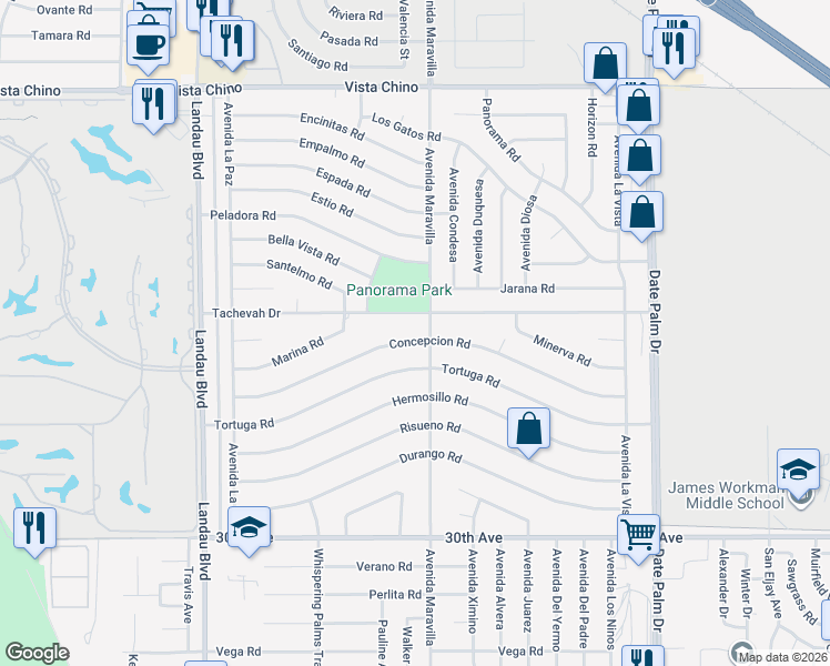 map of restaurants, bars, coffee shops, grocery stores, and more near 68440 Concepcion Road in Cathedral City