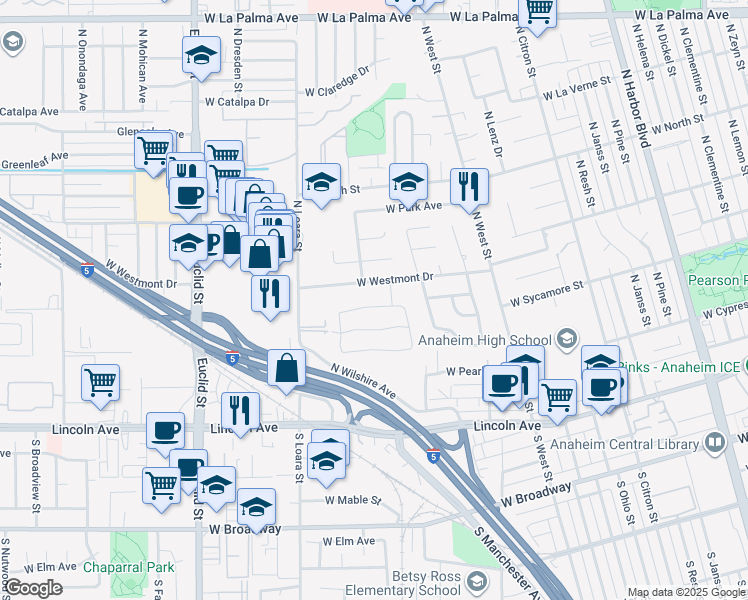map of restaurants, bars, coffee shops, grocery stores, and more near 1435 West Wedgewood Drive in Anaheim