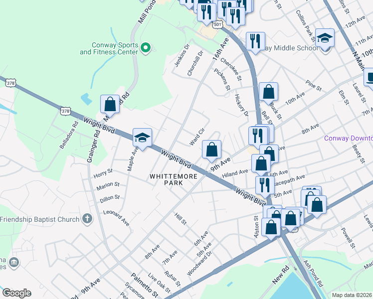 map of restaurants, bars, coffee shops, grocery stores, and more near 1715 Ward Circle in Conway