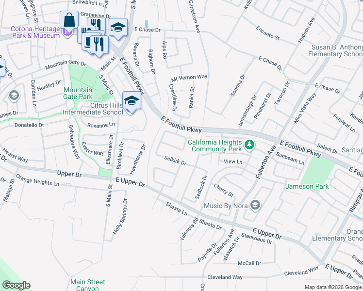 map of restaurants, bars, coffee shops, grocery stores, and more near 457 Minaret Street in Corona