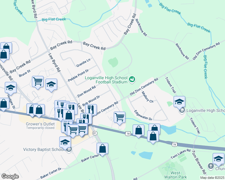 map of restaurants, bars, coffee shops, grocery stores, and more near 282 Zion Wood Road in Loganville
