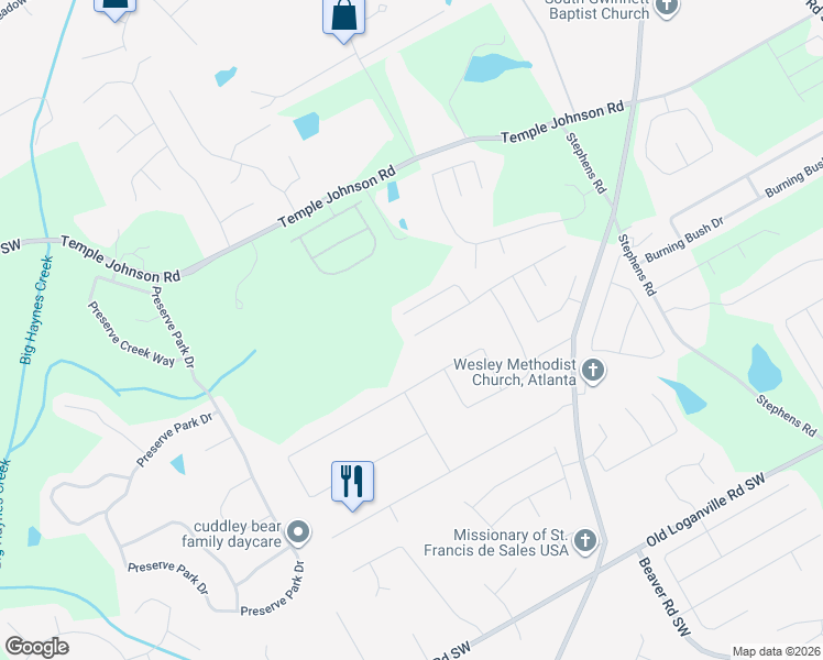 map of restaurants, bars, coffee shops, grocery stores, and more near 1907 Summit Creek Way in Loganville