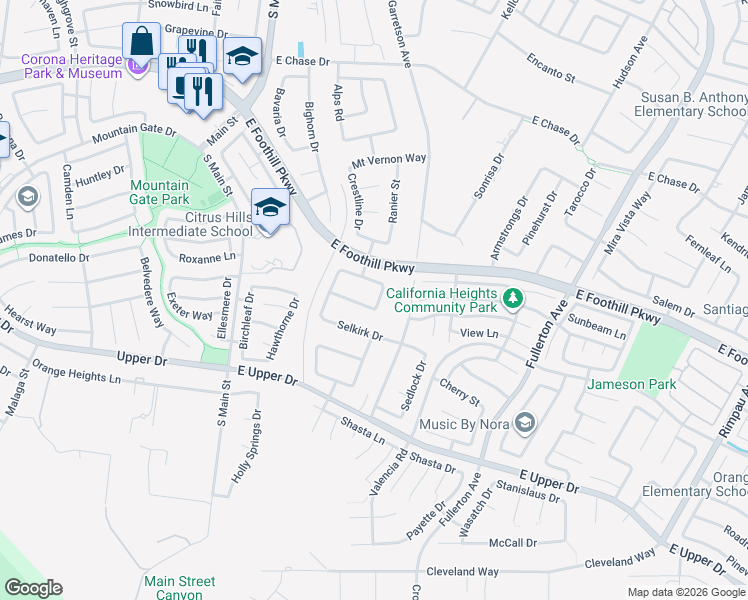 map of restaurants, bars, coffee shops, grocery stores, and more near 457 Minaret Street in Corona