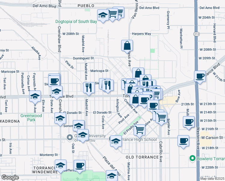map of restaurants, bars, coffee shops, grocery stores, and more near 1104 Portola Avenue in Torrance