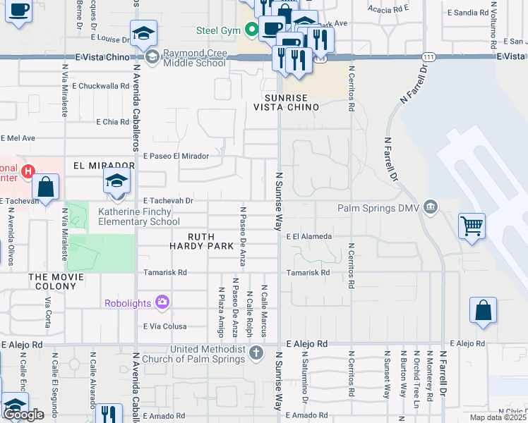map of restaurants, bars, coffee shops, grocery stores, and more near 1580 East Buena Vista Drive in Palm Springs