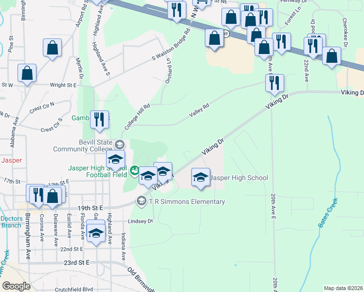 map of restaurants, bars, coffee shops, grocery stores, and more near 1600 14th Avenue East in Jasper