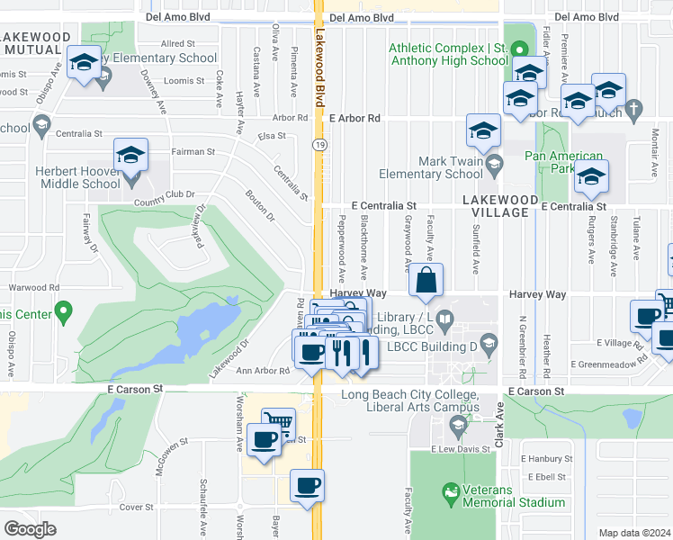 map of restaurants, bars, coffee shops, grocery stores, and more near 4325 Pepperwood Avenue in Long Beach