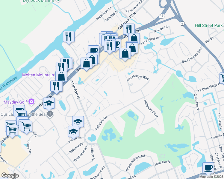 map of restaurants, bars, coffee shops, grocery stores, and more near 941 Villa Drive in North Myrtle Beach
