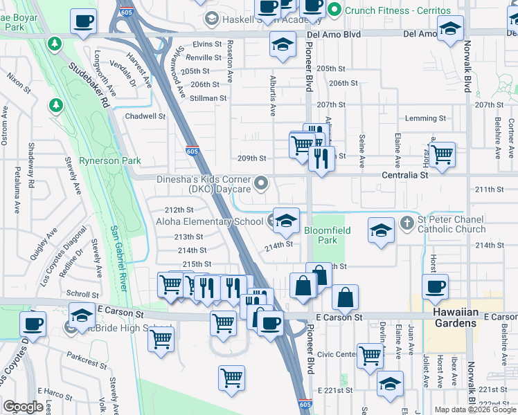 map of restaurants, bars, coffee shops, grocery stores, and more near 11612 Massinger Street in Lakewood