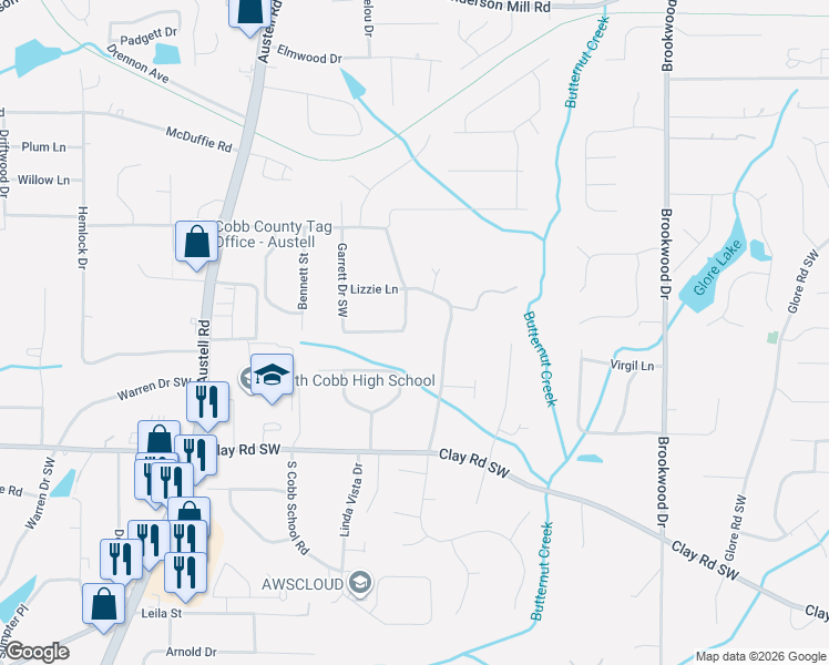 map of restaurants, bars, coffee shops, grocery stores, and more near 1693 Virginia Circle in Mableton