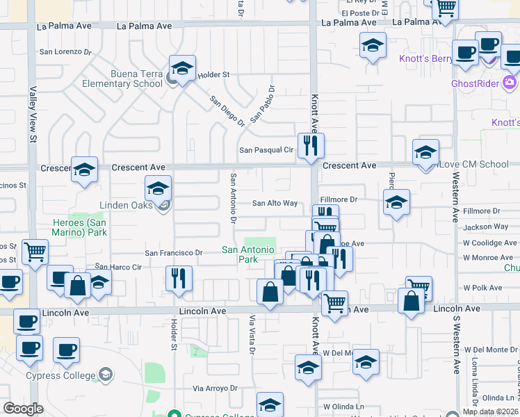 map of restaurants, bars, coffee shops, grocery stores, and more near 6808 San Alto Way in Buena Park