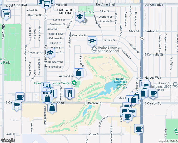 map of restaurants, bars, coffee shops, grocery stores, and more near 4318 Fairway Drive in Lakewood