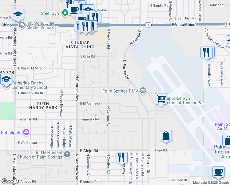 map of restaurants, bars, coffee shops, grocery stores, and more near 945 North Cll Loro in Palm Springs