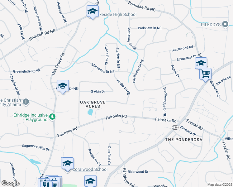 map of restaurants, bars, coffee shops, grocery stores, and more near 2032 South Akin Drive in Atlanta