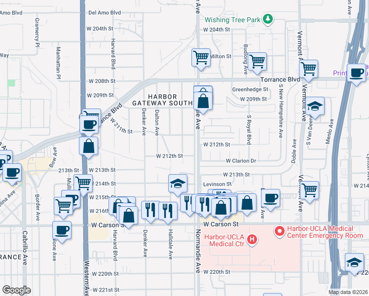map of restaurants, bars, coffee shops, grocery stores, and more near 21130 Brighton Avenue in Torrance