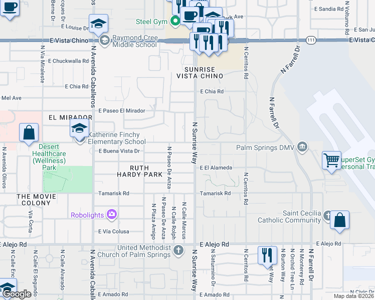 map of restaurants, bars, coffee shops, grocery stores, and more near 1630 East Buena Vista Drive in Palm Springs