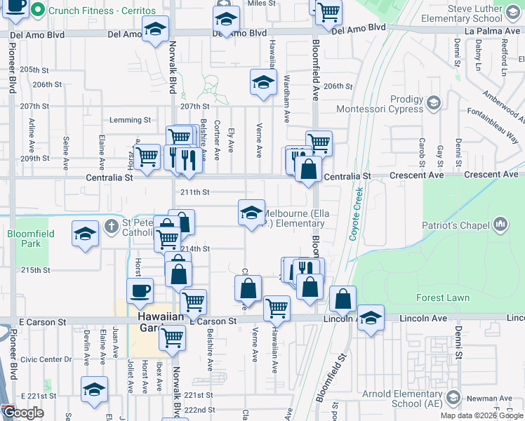 map of restaurants, bars, coffee shops, grocery stores, and more near 12428 212th Street in Lakewood