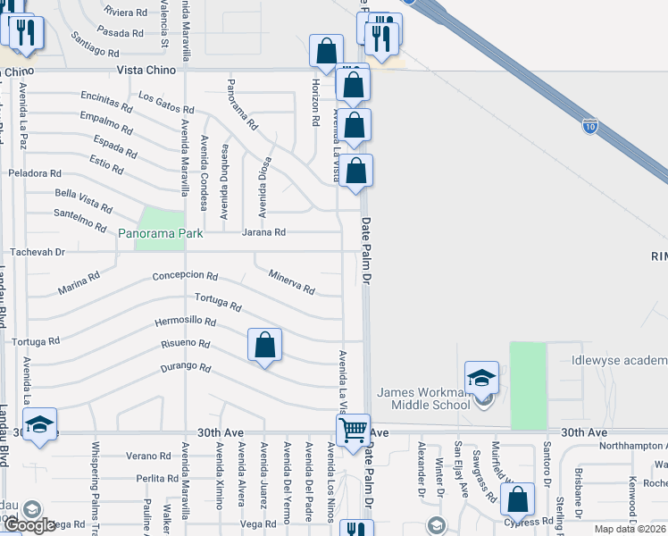map of restaurants, bars, coffee shops, grocery stores, and more near 68890 Lozano Court in Cathedral City