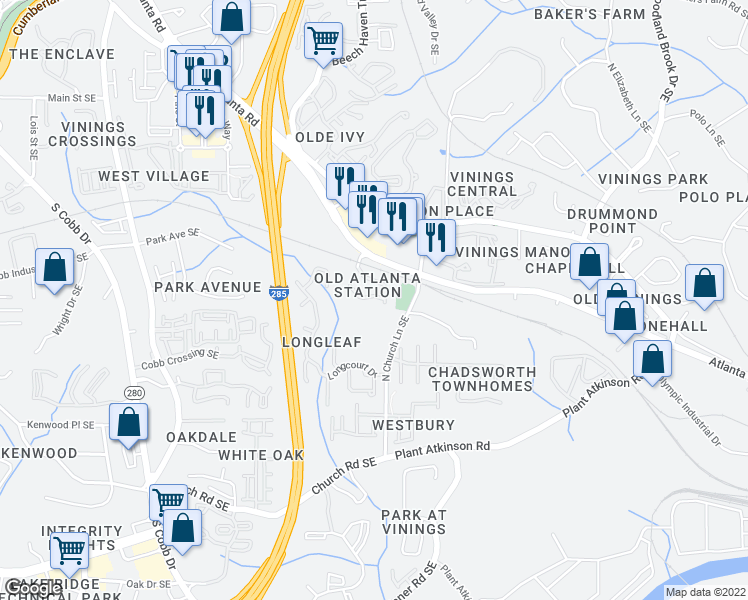 map of restaurants, bars, coffee shops, grocery stores, and more near 3959 Old Atlanta Station Court Southeast in Smyrna