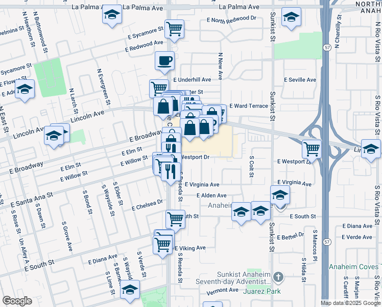 map of restaurants, bars, coffee shops, grocery stores, and more near 2119 East Westport Drive in Anaheim