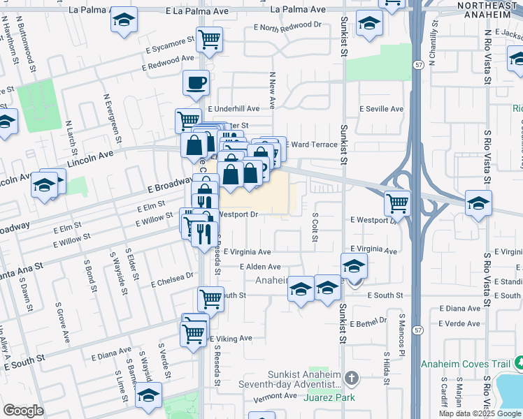 map of restaurants, bars, coffee shops, grocery stores, and more near 2227 East Westport Drive in Anaheim