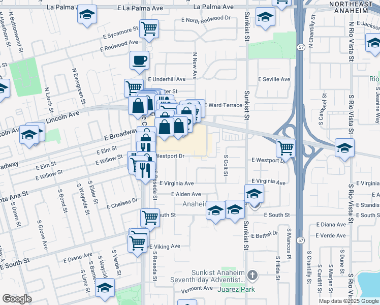 map of restaurants, bars, coffee shops, grocery stores, and more near 2227 East Westport Drive in Anaheim