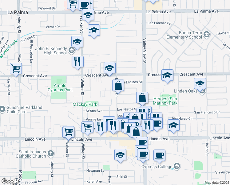map of restaurants, bars, coffee shops, grocery stores, and more near 8644 Los Altos Drive in Buena Park