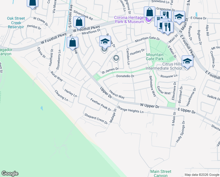 map of restaurants, bars, coffee shops, grocery stores, and more near 840 Captiva Circle in Corona