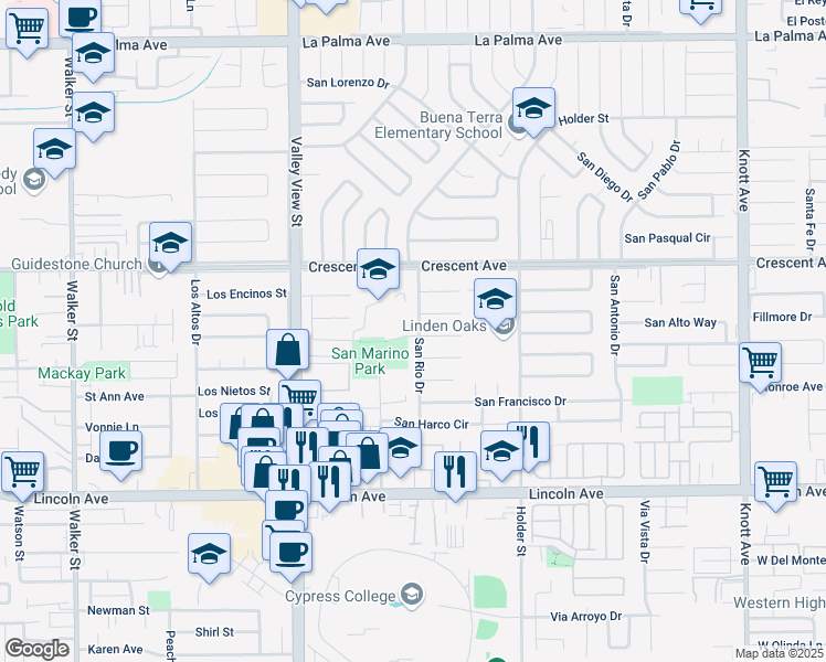 map of restaurants, bars, coffee shops, grocery stores, and more near 8645 San Rio Drive in Buena Park