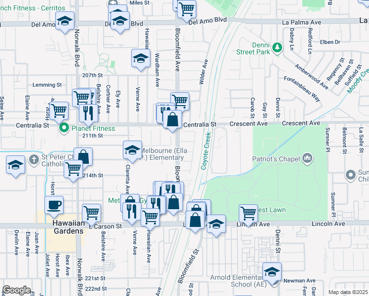 map of restaurants, bars, coffee shops, grocery stores, and more near 12613 Gradwell Street in Lakewood