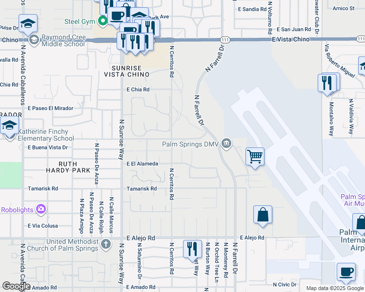map of restaurants, bars, coffee shops, grocery stores, and more near 945 North Cll Loro in Palm Springs