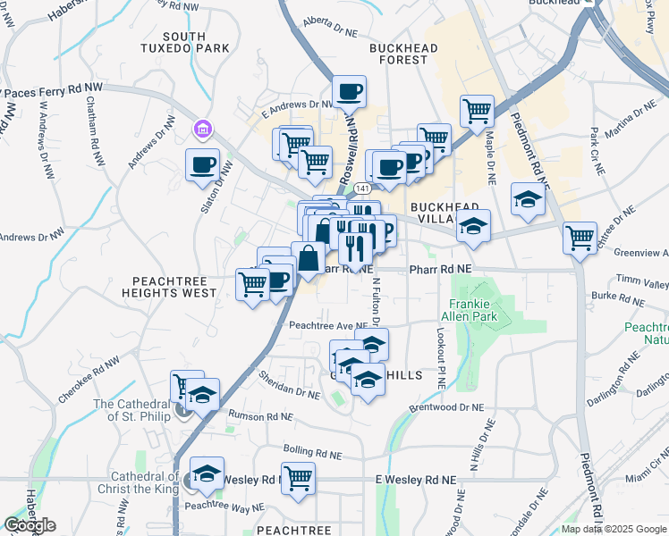 map of restaurants, bars, coffee shops, grocery stores, and more near 236 Pharr Road Northeast in Atlanta