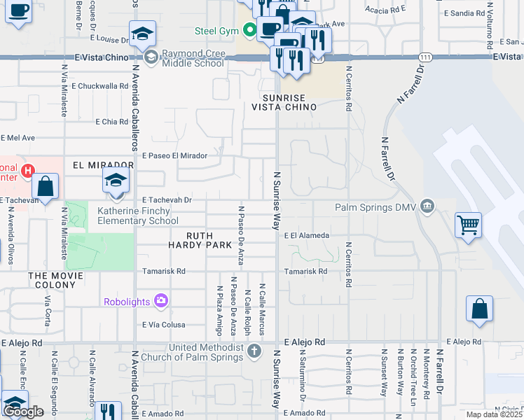map of restaurants, bars, coffee shops, grocery stores, and more near 1580 East Buena Vista Drive in Palm Springs
