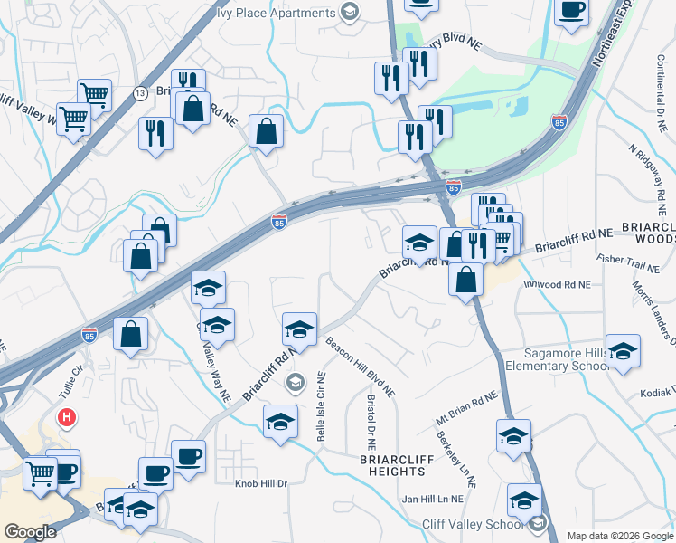 map of restaurants, bars, coffee shops, grocery stores, and more near 1863 Bruce Road Northeast in Atlanta