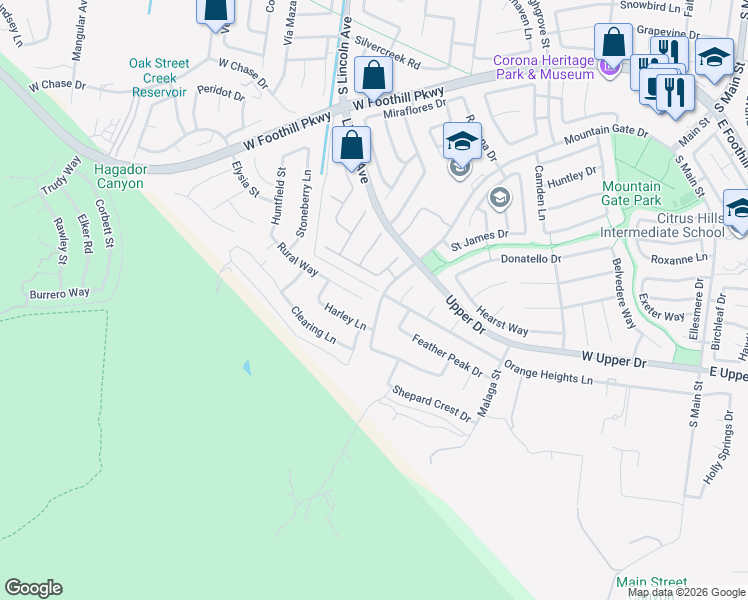 map of restaurants, bars, coffee shops, grocery stores, and more near 3724 Mountain Gate Drive in Corona