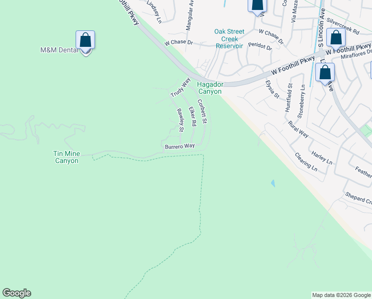 map of restaurants, bars, coffee shops, grocery stores, and more near 1444 Burrero Way in Corona