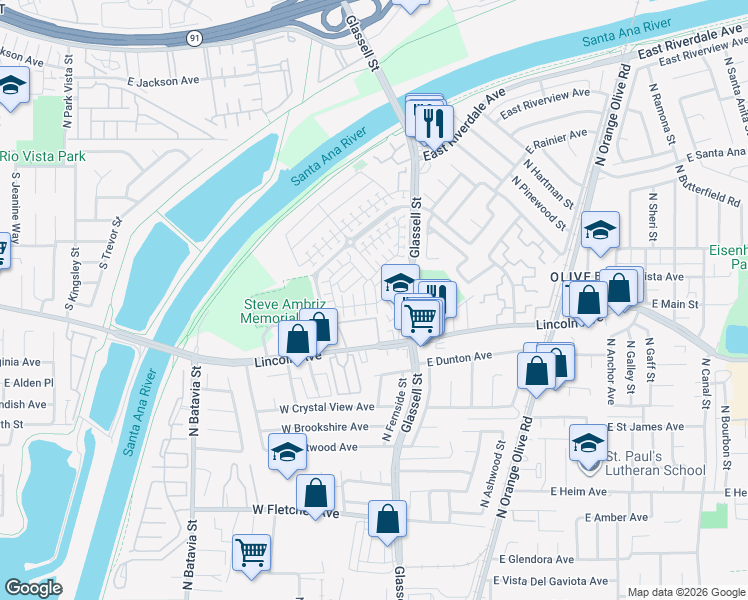 map of restaurants, bars, coffee shops, grocery stores, and more near 347 West Linden Drive in Orange
