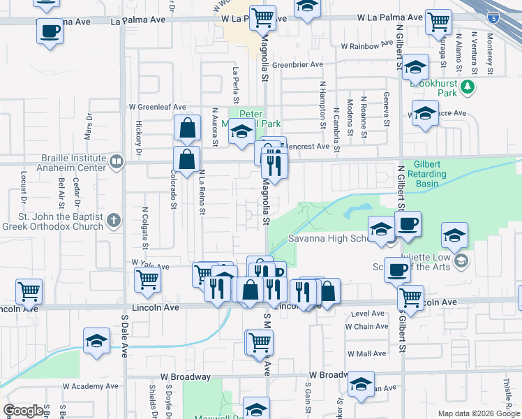 map of restaurants, bars, coffee shops, grocery stores, and more near 405 North Magnolia Avenue in Anaheim