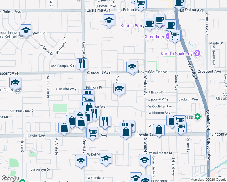map of restaurants, bars, coffee shops, grocery stores, and more near 8659 Pierce Drive in Buena Park