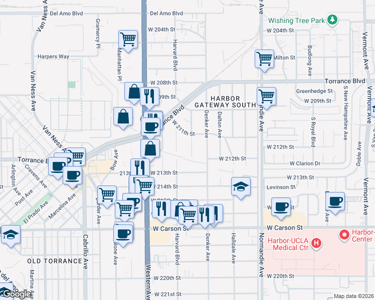 map of restaurants, bars, coffee shops, grocery stores, and more near 21142 La Salle Avenue in Torrance