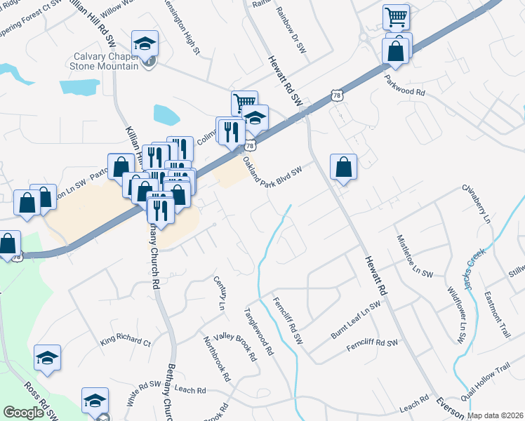 map of restaurants, bars, coffee shops, grocery stores, and more near 3658 Oakland Spring Court in Snellville