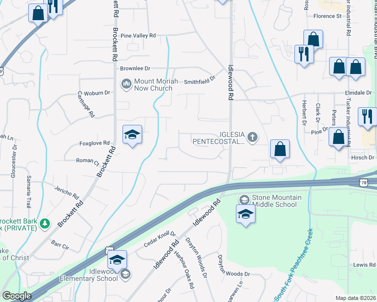map of restaurants, bars, coffee shops, grocery stores, and more near 4171 Browning Chase Drive in Tucker