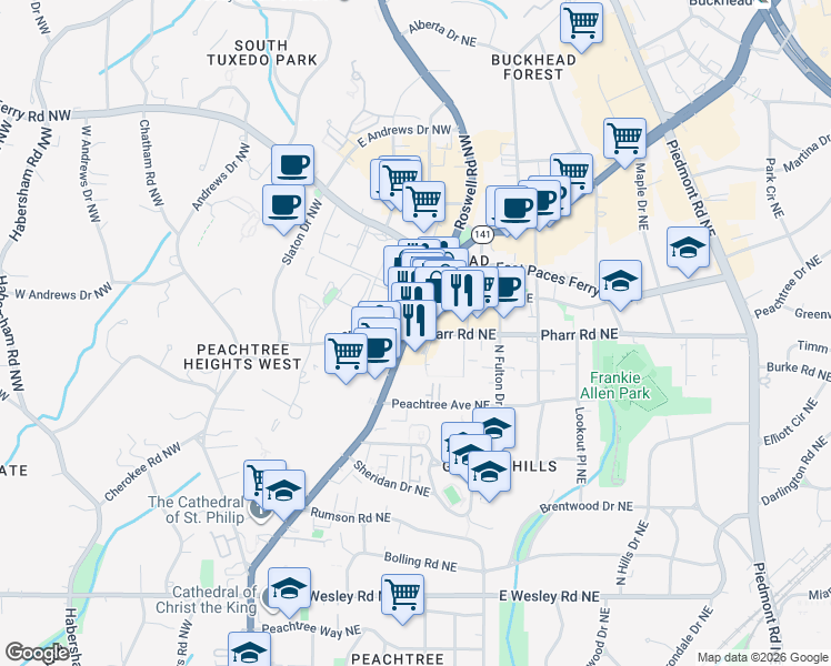 map of restaurants, bars, coffee shops, grocery stores, and more near 3027 Bolling Way Northeast in Atlanta