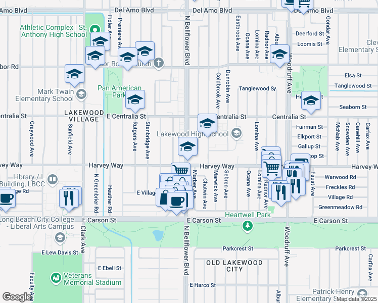 map of restaurants, bars, coffee shops, grocery stores, and more near 4338 Adenmoor Avenue in Lakewood