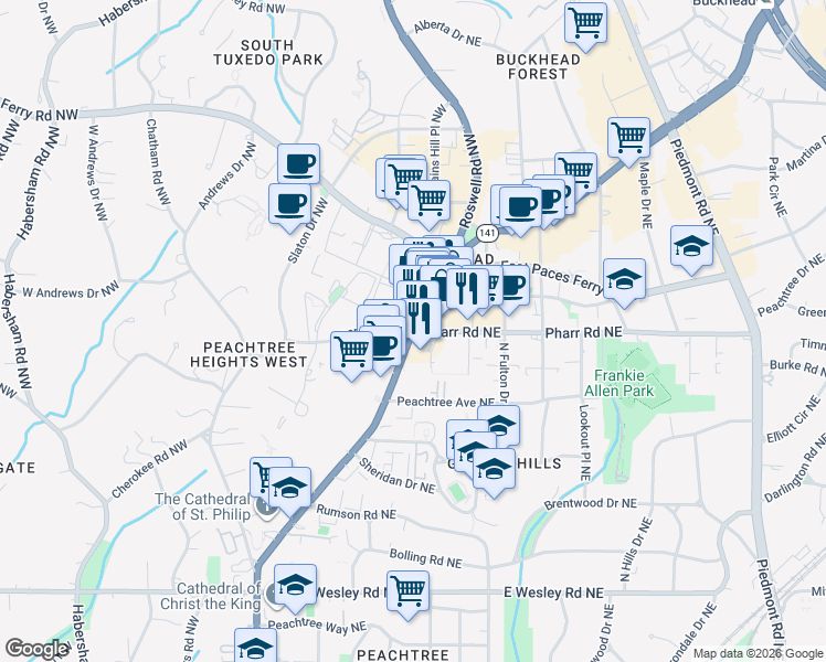 map of restaurants, bars, coffee shops, grocery stores, and more near Peachtree Road Northeast & Pharr Road Northwest in Atlanta