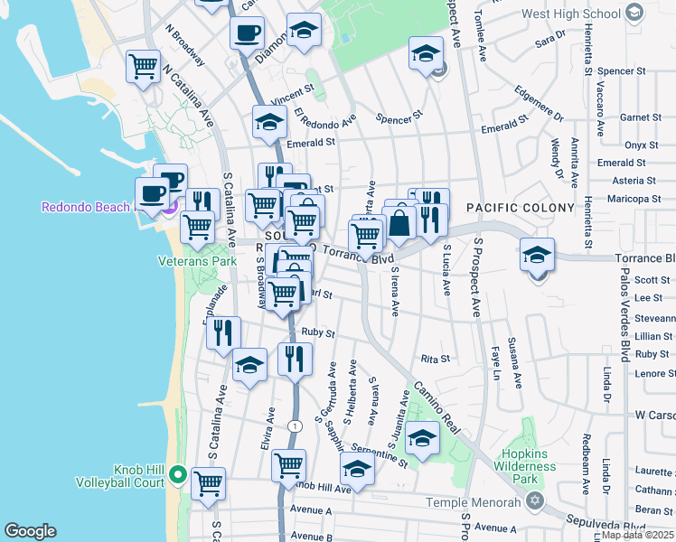 map of restaurants, bars, coffee shops, grocery stores, and more near 406 Sierra Vista Drive in Redondo Beach