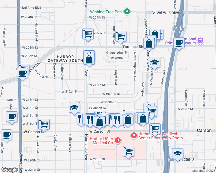 map of restaurants, bars, coffee shops, grocery stores, and more near 1132 West 212th Street in Torrance